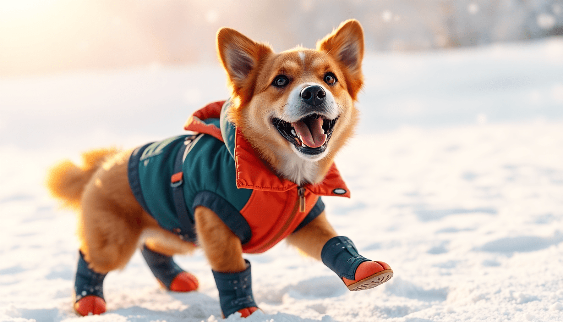 A cheerful corgi dressed in a winter coat and booties