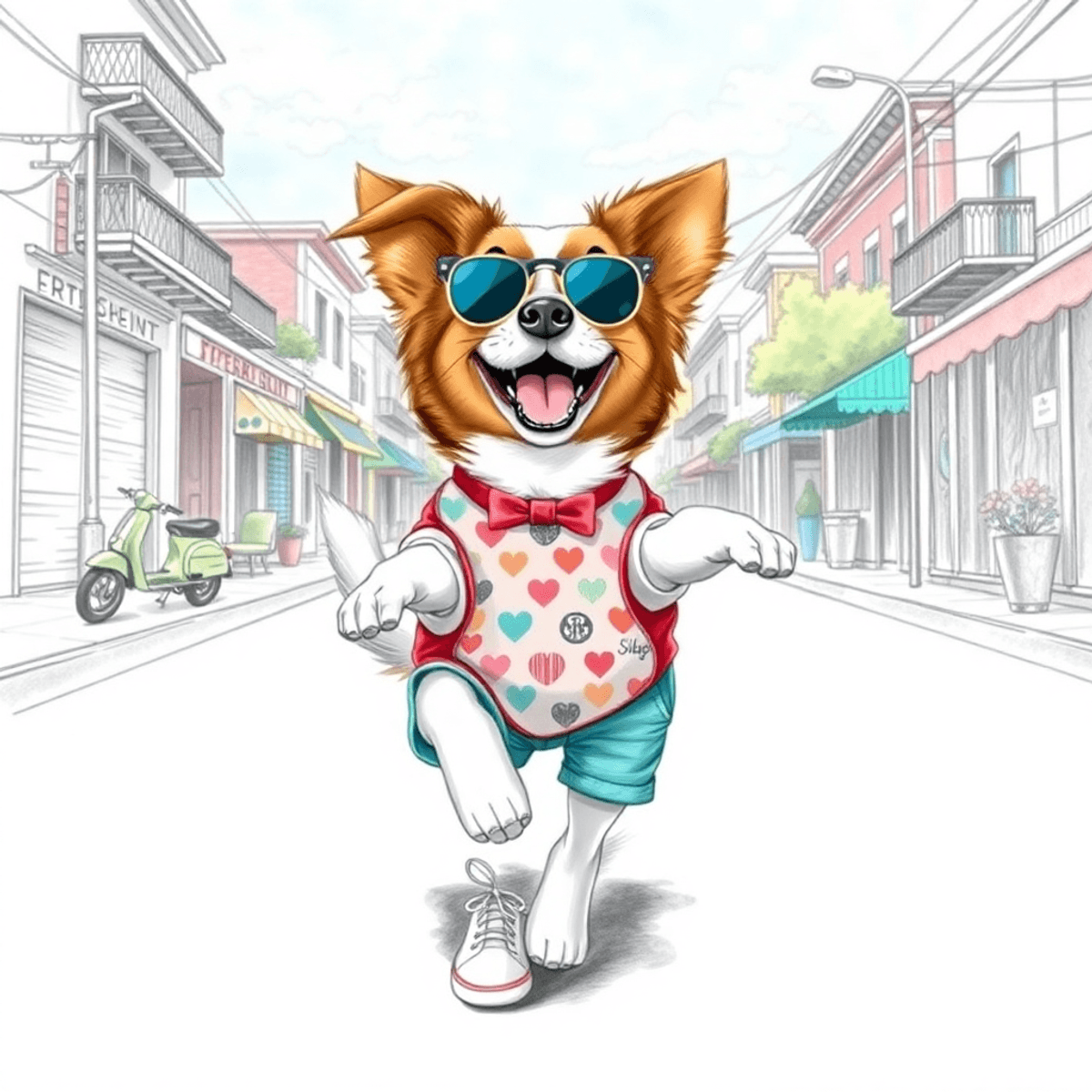 A cheerful dog in a stylish summer outfit